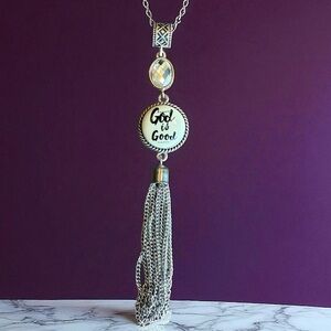 God is Good Snap Style Jewelry Pendant Fringe Dangle Silver Tone